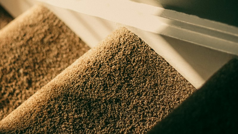 Close-up of plush carpet wrapped over a stair edge in soft light