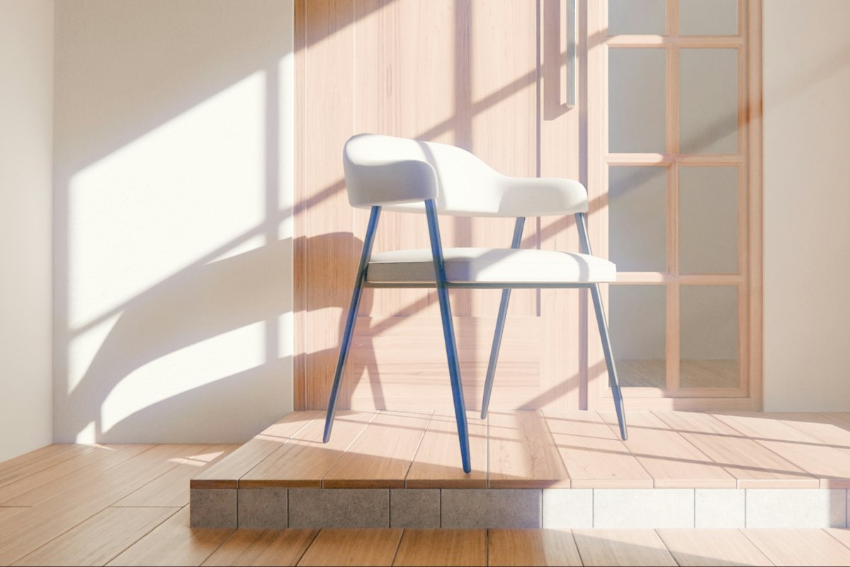 Sunlight streaming across light wood flooring and a white chair, changing how the floor color reads